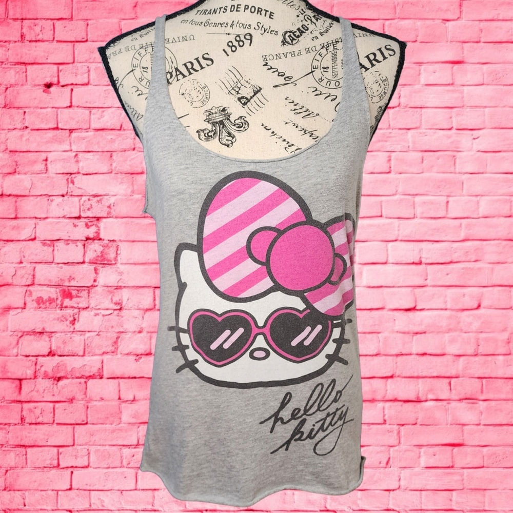 Hello Kitty Sanrio Sunglasses Big Bow Tank Top Womens Medium Heather Grey